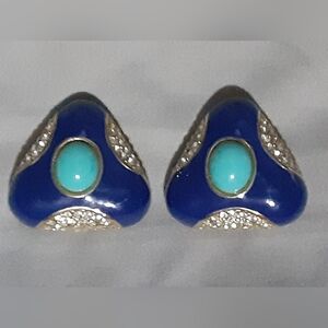 Ciner signed clip earrings blue enamel pave crystal rhinestones turquoise stone